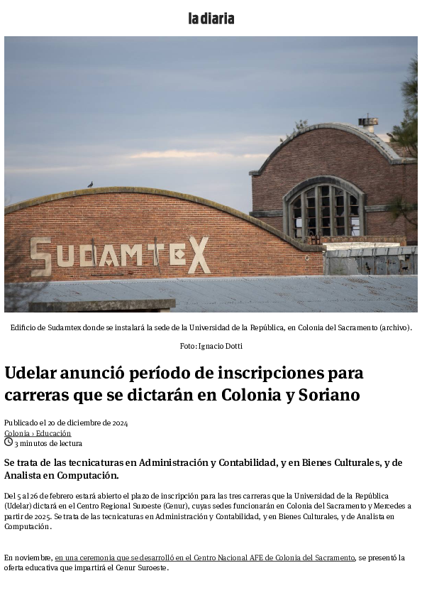 Edificio de Sudamtex donde se instalará la sede de la Universidad de la República, en Colonia del Sacramento